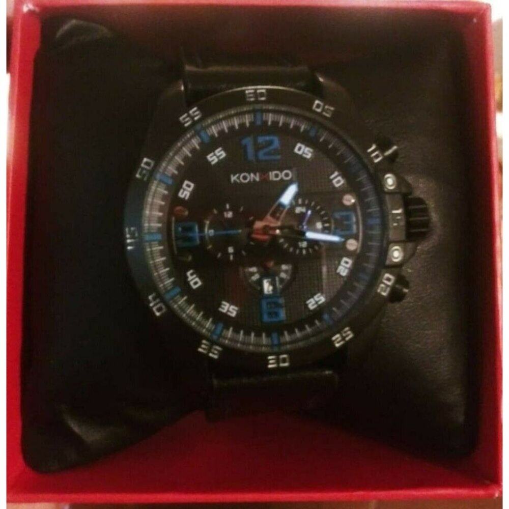 Konxido Sports Watch 63016-BL Blue Black Leather Band Wristwatch Analog White